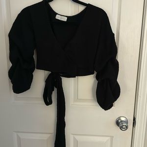 American threads black cropped sweater cross tie top